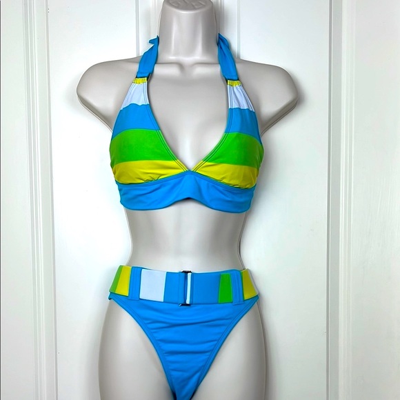 La Blanca Blue and Green Color-Block Halter Bikini w/ Silver Hardware 10 - Picture 1 of 9